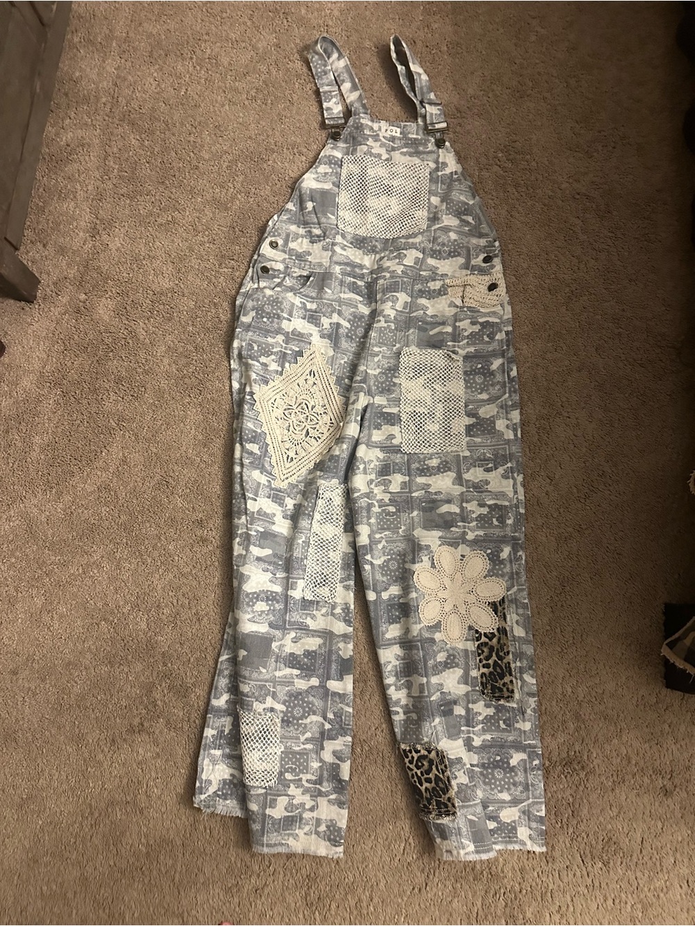 POL Blue Patchwork Overalls with Cream Crochet Accents